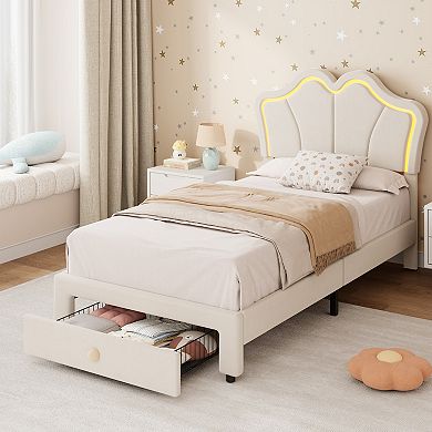 Set of 2 Twin Size Velvet Storage Beds with LED, Upholstered Platform Bed Frame with Pull-Out Drawer