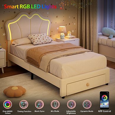 Set of 2 Twin Size Velvet Storage Beds with LED, Upholstered Platform Bed Frame with Pull-Out Drawer