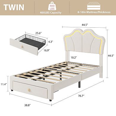 Set of 2 Twin Size Velvet Storage Beds with LED, Upholstered Platform Bed Frame with Pull-Out Drawer