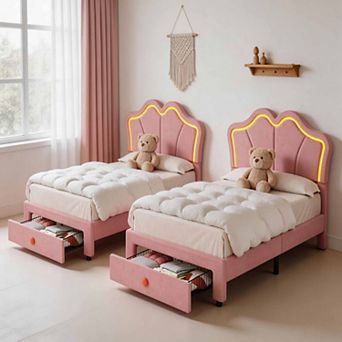 Set of 2 Twin Size Velvet Storage Beds with LED, Upholstered Platform Bed Frame with Pull-Out Drawer