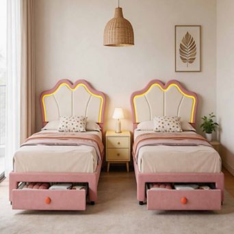 Set of 2 Twin Size Velvet Storage Beds with LED, Upholstered Platform Bed Frame with Pull-Out Drawer