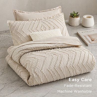 Queen Boho Comforter Set Tufted Chevron Neutral Bedding Soft Warm 3 Pieces