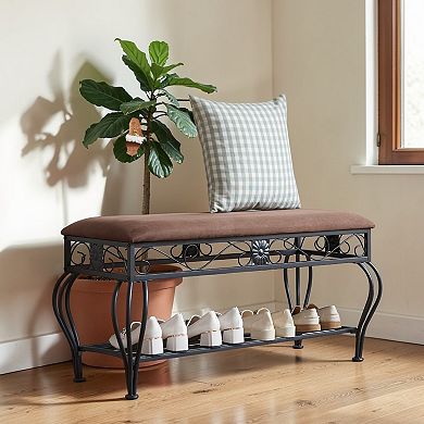 Lufeiya Shoe Bench with Upholstered Seat, Entryway Open Shelf, Metal Frame