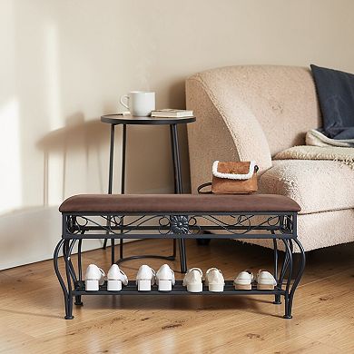 Lufeiya Shoe Bench with Upholstered Seat, Entryway Open Shelf, Metal Frame