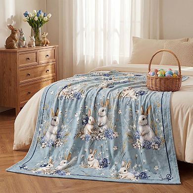 Easter Flannel Blanket Throw, Easter Eggs Bunny Rabbits Hydrangea Kapok Soft Fuzzy Plush Cozy