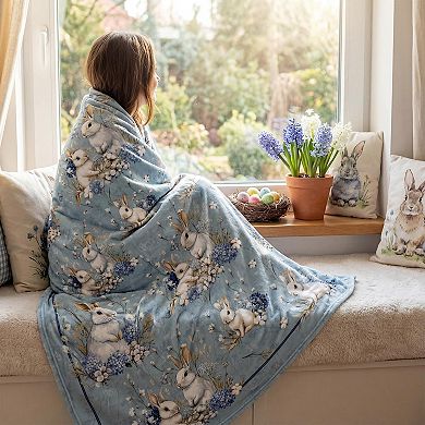 Easter Flannel Blanket Throw, Easter Eggs Bunny Rabbits Hydrangea Kapok Soft Fuzzy Plush Cozy