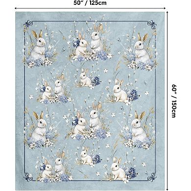 Easter Flannel Blanket Throw, Easter Eggs Bunny Rabbits Hydrangea Kapok Soft Fuzzy Plush Cozy
