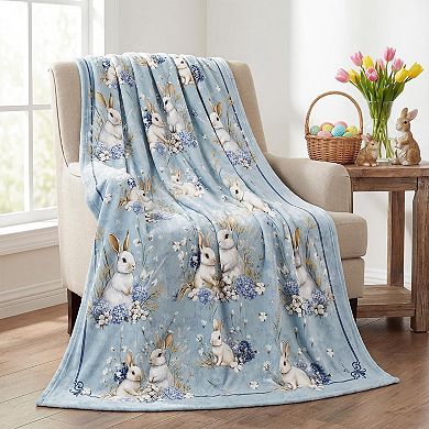 Easter Flannel Blanket Throw, Easter Eggs Bunny Rabbits Hydrangea Kapok Soft Fuzzy Plush Cozy