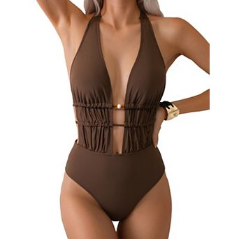 Womens Halter V Neck Cut Out Drawstring Beach Vacation One Piece Swimsuit Backless Bikini Beachwear