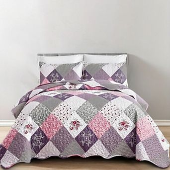 Quilt Set Queen Size, Reversible Floral Plaid Patchwork Pattern Bedding Set Soft Microfiber 3 pc