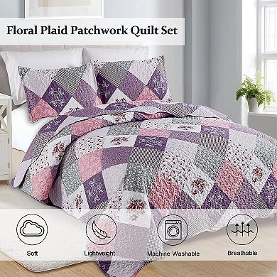 Quilt Set Queen Size, Reversible Floral Plaid Patchwork Pattern Bedding Set Soft Microfiber 3 Piece