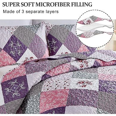 Quilt Set Queen Size, Reversible Floral Plaid Patchwork Pattern Bedding Set Soft Microfiber 3 Piece
