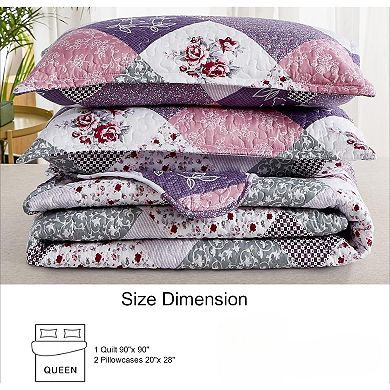 Quilt Set Queen Size, Reversible Floral Plaid Patchwork Pattern Bedding Set Soft Microfiber 3 Piece