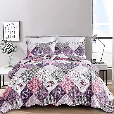Quilt Set Queen Size, Reversible Floral Plaid Patchwork Pattern Bedding Set Soft Microfiber 3 Piece