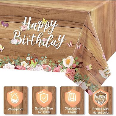 Floral Birthday Tablecloths, disposable plastic covers, decorative 3 pack