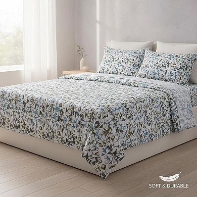 Queen Size Floral Bed Sheet Set Double Brushed Microfiber Deep Pocket 4 Piece Soft Breathable