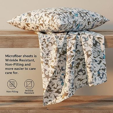Queen Size Floral Bed Sheet Set Double Brushed Microfiber Deep Pocket 4 Piece Soft Breathable