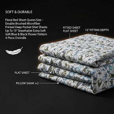 Queen Size Floral Bed Sheet Set Double Brushed Microfiber Deep Pocket 4 Piece Soft Breathable