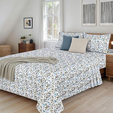 Queen Size Floral Bed Sheet Set Double Brushed Microfiber Deep Pocket 4 Piece Soft Breathable