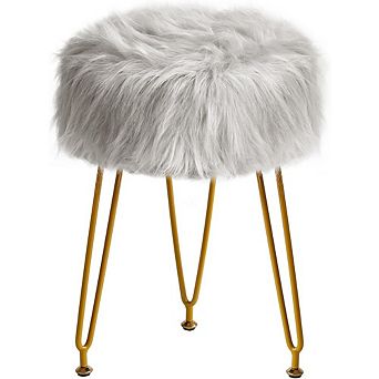 Faux Fur Vanity Stool, Padded Round Footstool, Metal Legs, Multi-Use