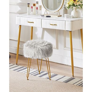 Faux Fur Vanity Stool, Padded Round Footstool, Metal Legs, Multi-Use