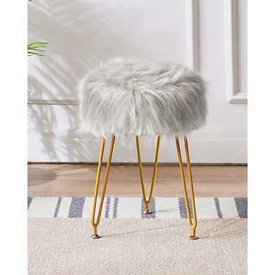 Faux Fur Vanity Stool, Padded Round Footstool, Metal Legs, Multi-Use