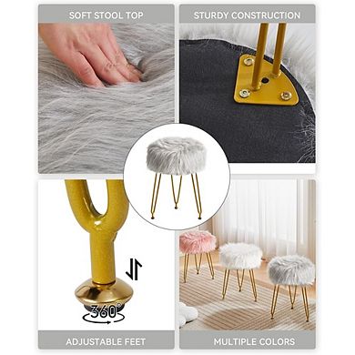 Faux Fur Vanity Stool, Padded Round Footstool, Metal Legs, Multi-Use
