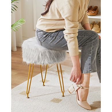 Faux Fur Vanity Stool, Padded Round Footstool, Metal Legs, Multi-Use