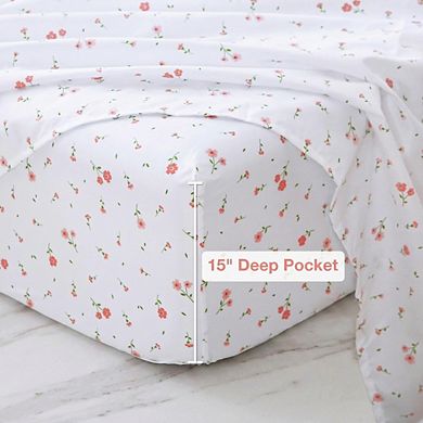 Pink Floral Microfiber Queen Sheet Set 4-Piece 15" Deep Pocket Cozy Breathable