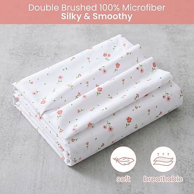 Pink Floral Microfiber Queen Sheet Set 4-Piece 15" Deep Pocket Cozy Breathable