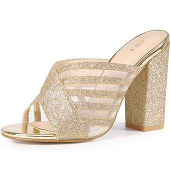 Women's Glitter Mesh Slip on Chunky Heel Slide Sandals