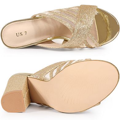 Women's Glitter Mesh Slip on Chunky Heel Slide Sandals
