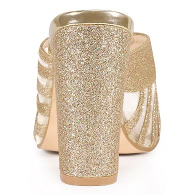 Women's Glitter Mesh Slip on Chunky Heel Slide Sandals
