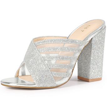 Women's Glitter Mesh Slip on Chunky Heel Slide Sandals