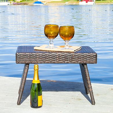 PE Wicker Snack Table, Folding Faux Rattan Wicker Accent Table, Convenient for Lap Use & Storage