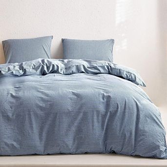 Striped Cotton Duvet Cover Set, Washed Cotton Textured Percale Bedding Set, 3 pc