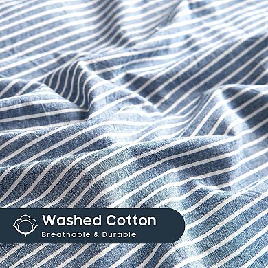 Striped Cotton Duvet Cover Set, Washed Cotton Textured Percale Bedding Set, 3 Pieces