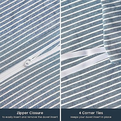 Striped Cotton Duvet Cover Set, Washed Cotton Textured Percale Bedding Set, 3 Pieces