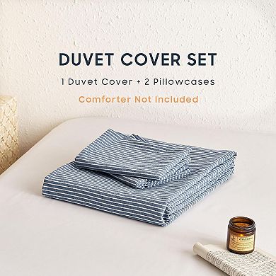 Striped Cotton Duvet Cover Set, Washed Cotton Textured Percale Bedding Set, 3 Pieces