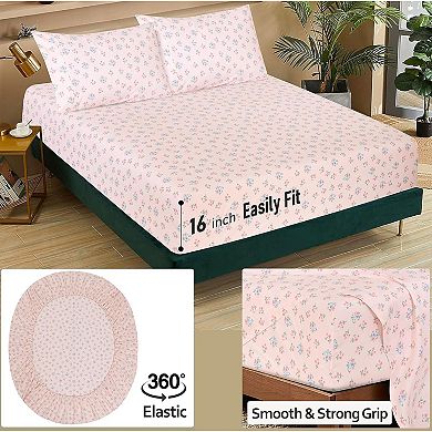 Cotton Sheets Full Size Percale Bedding, Cooling & Breathable Floral Design, Durable with a Crisp