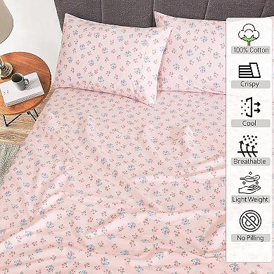 Cotton Sheets Full Size Percale Bedding, Cooling & Breathable Floral Design, Durable with a Crisp
