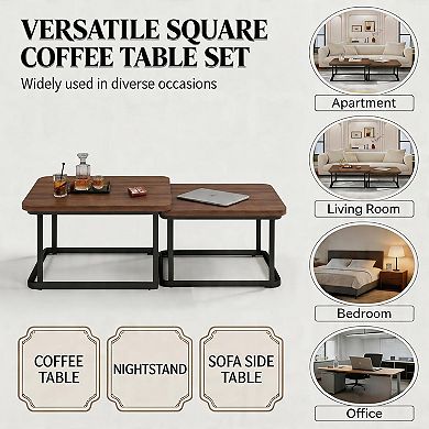 Square Nesting Coffee Table Set of 2 - 23.6" & 19.7" Fluted Side Tables with Raised Edge