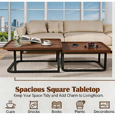 Square Nesting Coffee Table Set of 2 - 23.6" & 19.7" Fluted Side Tables with Raised Edge