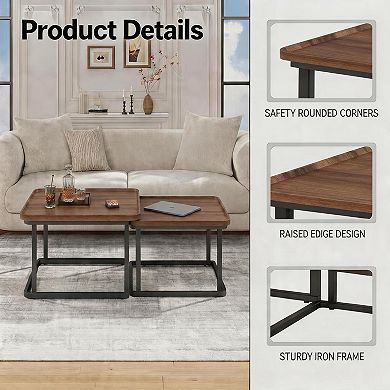 Square Nesting Coffee Table Set of 2 - 23.6" & 19.7" Fluted Side Tables with Raised Edge
