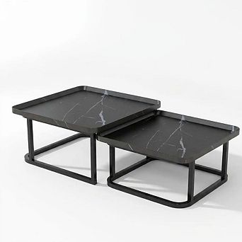 Square Nesting Coffee Table Set of 2 - 23.6" & 19.7" Fluted Side Tables with Raised Edge