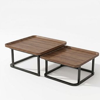 Square Nesting Coffee Table Set of 2 - 23.6" & 19.7" Fluted Side Tables with Raised Edge