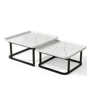 Square Nesting Coffee Table Set of 2 - 23.6" & 19.7" Fluted Side Tables with Raised Edge