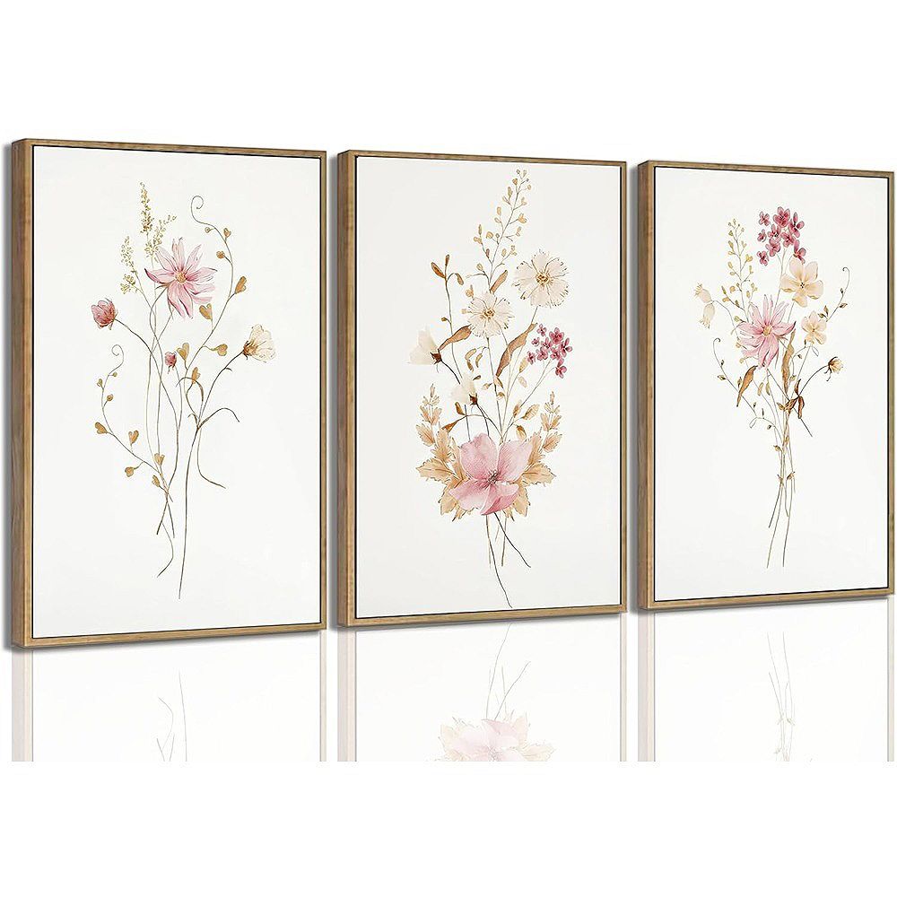 Pink Floral Canvas Wall Art Set of 3 Botanical Home Decor Prints