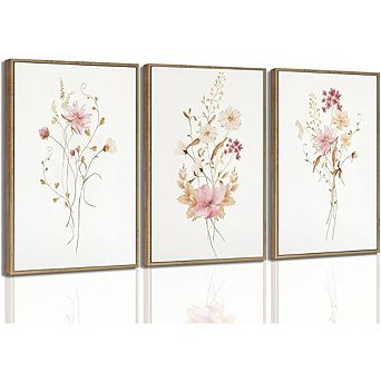 Pink Floral Canvas Wall Art Set of 3 Botanical Home Decor Prints