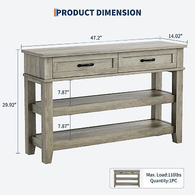 Farmhouse 3-Tier Wooden Console Table with 2 Storage Drawers Versatile Entryway Sofa Table